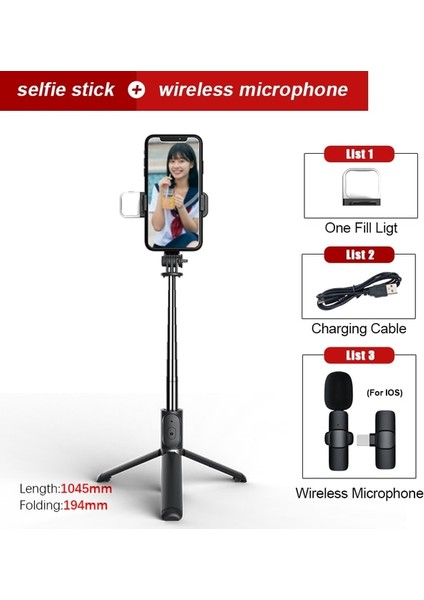 Siyah Ekle Ios Roreta 2022 Yeni Katlanabilir Kablosuz Bluetooth Selfie Çubuğu Tripod Monopod Deklanşör Dolgu Işığı Paslanmaz Çelik Selfie Stck (Yurt Dışından)