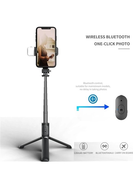 Siyah Ekle Ios Roreta 2022 Yeni Katlanabilir Kablosuz Bluetooth Selfie Çubuğu Tripod Monopod Deklanşör Dolgu Işığı Paslanmaz Çelik Selfie Stck (Yurt Dışından)