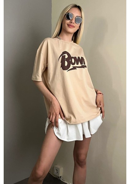 Bej Baskılı Over Fit Tişört MG1514