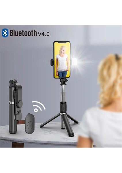 Siyah Yeni Trend Selfie Çubuğu Kablosuz Bluetooth Selfie Çubuğu Katlanabilir Mini Tripod ile Dolgu Işığı Deklanşör Uzaktan Kumanda Telefon Braketi (Yurt Dışından)