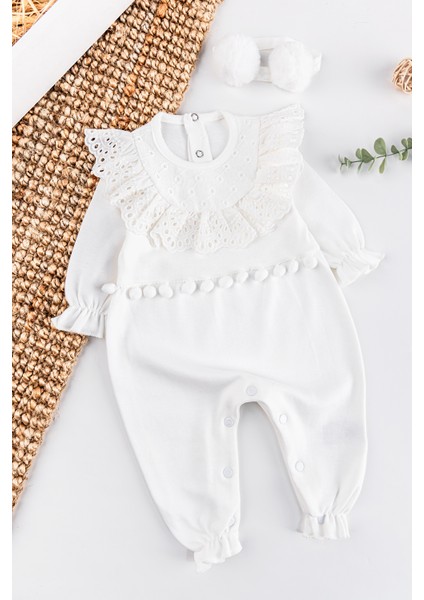 Güpürlü Ponpon Bandanalı Kız Bebek Tulum Takım