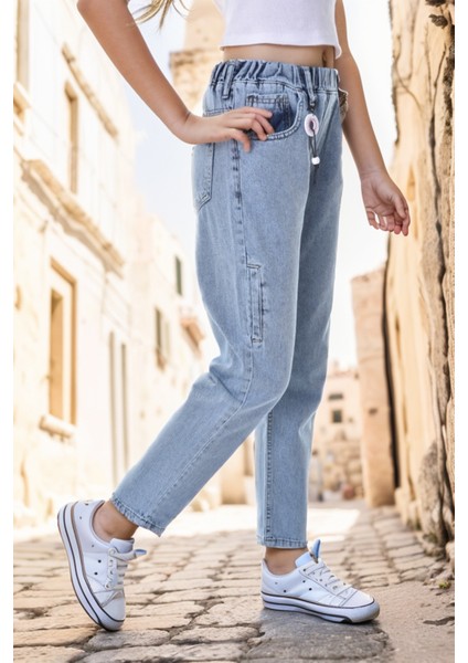 Kız Çocuk Bel Lastikli Mom Fit Dar Paça Kot Jean PANTOLON-PNT-0036