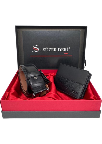 Hakiki Deri Kemer ve Cüzdan Hediyelik Kutulu Set (Damat Bohçası)