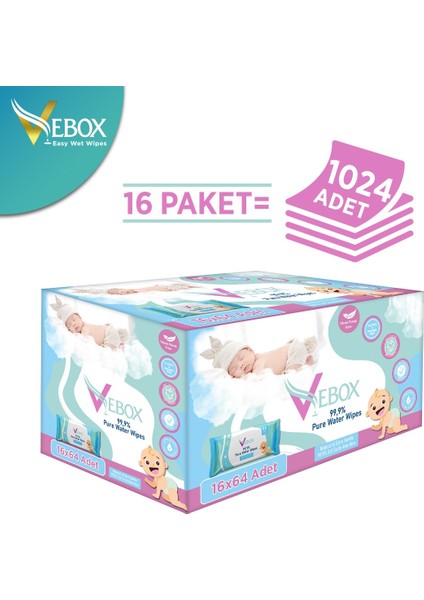 Pure Water Wipes Yenidoğan Islak Bebek Bakım Havlusu 64'lü X16 (1024 Yaprak)