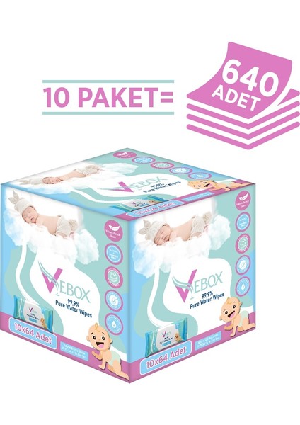 Pure Water Wipes Islak Mendil - Yenidoğan & Hassas Ciltler Için Bebek Bakım Havlusu (10 Paket 640 Yaprak)