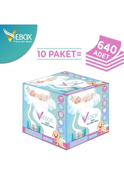 Pure Water Wipes Islak Mendil - Yenidoğan & Hassas Ciltler Için Bebek Bakım Havlusu (10 Paket 640 Yaprak)