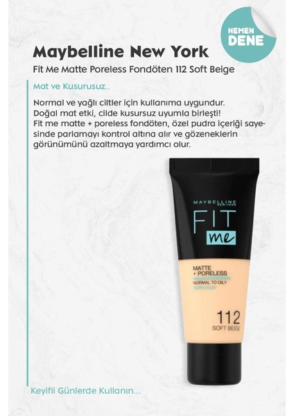 Maybelline Fit Me Matte Poreless Fondöten 112 Soft Beige