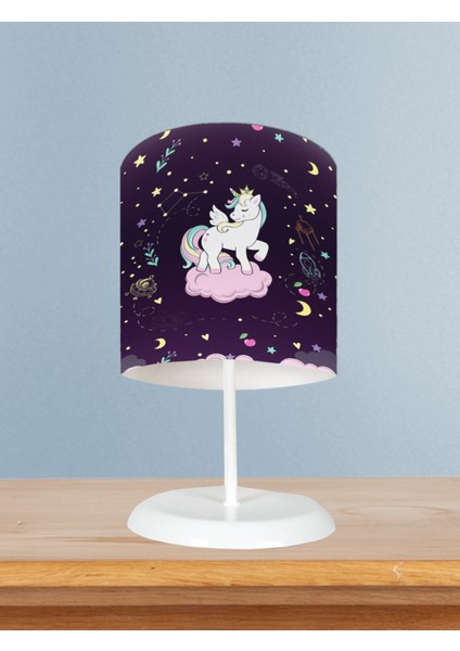 Bebek ve Çocuk Odası Pembe Bulut Üzerinde Unicorn Desenli Mor Abajur