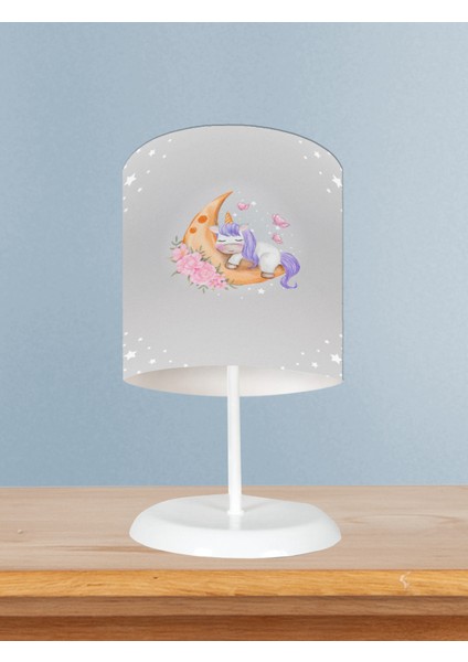 Bebek ve Çocuk Odası Aya Sarılan Unicorn Desenli Gri Abajur