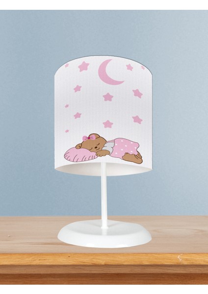 Bebek ve Çocuk Odası Uyuyan Sevimli Ayı Desenli Pembe Abajur