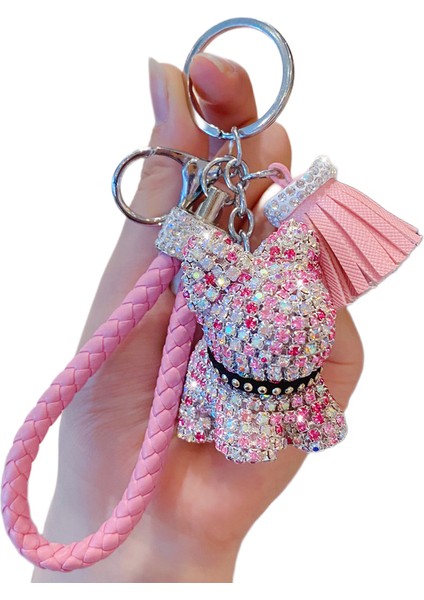 Kızlar Moda Lüks Elmas Teddy Bear Kolye Anahtar Zincirleri Deri Püskül Halat Taklidi Anahtarlık (Pembe) (Yurt Dışından)