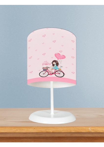 Bebek ve Çocuk Odası Bisikletli Kız ve Kalpli Balon Desenli Pembe Abajur