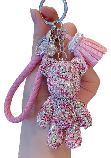 Kızlar Moda Lüks Elmas Teddy Bear Kolye Anahtar Zincirleri Deri Püskül Halat Taklidi Anahtarlık (Pembe) (Yurt Dışından)