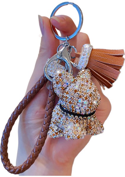 Kızlar Moda Lüks Elmas Teddy Bear Kolye Anahtar Zincirleri Deri Püskül Halat Taklidi Anahtarlık (Kahverengi) (Yurt Dışından)