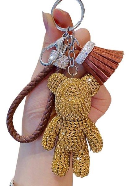 Kızlar Moda Lüks Elmas Teddy Bear Kolye Anahtar Zincirleri Deri Püskül Halat Taklidi Anahtarlık (Altın) (Yurt Dışından)