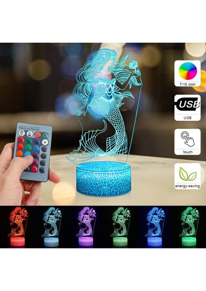 Justup Denizkızı 3D Illusion Lamba Kız Için Denizkızı Lamba Noel Doğum Günü Hediyesi Küçük Denizkızı LED Gece; Ht Işık; Ht 16 Renk Çocuklar Için Değişiyor Erkek Çocuk (Stil B) (Yurt Dışından)