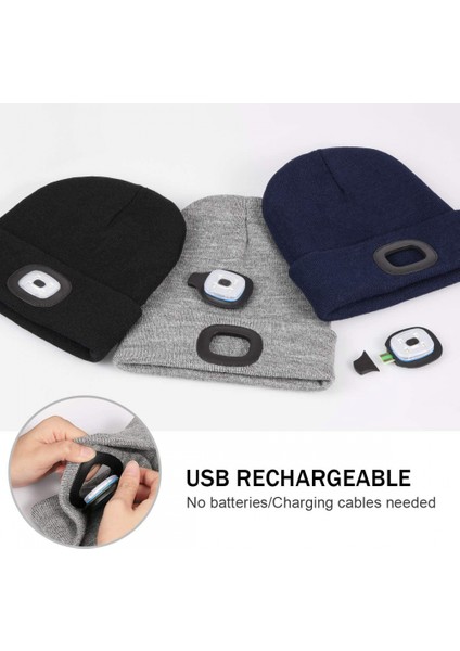 Işıklı LED Bere Şapka, Uniseks USB Şarj Edilebilir Eller Serbest 4 LED Far Kap Kış Örme Gece, Ht Işık, Şapka El Feneri, Ht Kadın Erkek Baba Ona Koca Için Hediyeler (Yurt Dışından)