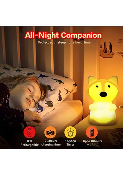 Justup Gece Lambası,ht Sevimli Bebek Gece,ht Işık,ht Lamba Şarj Edilebilir Silikon LED Gece,ht Işık,ht Hayvan Kreş Lambası Yatak Odası Taşınabilir Işık,ht (Büyük Tilki) (Yurt Dışından)