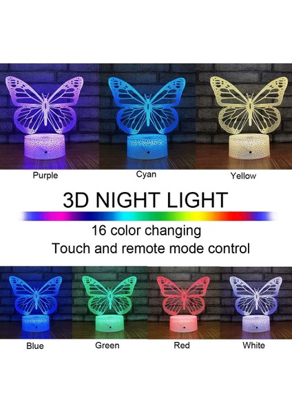 Kelebek Gece, Ht Işık, Kızlar Için Doğum Günü Hediyesi 3D Illusion Lamba Çocuk Başucu Lambası 16 Renk Değiştirme Uzaktan Kumanda Kelebek Oyuncaklar Kız Hediyeler (Yurt Dışından)