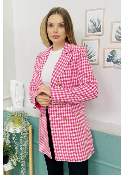 Susee Moda Pembe Ekose Gold Düğmeli Blazer Ceket