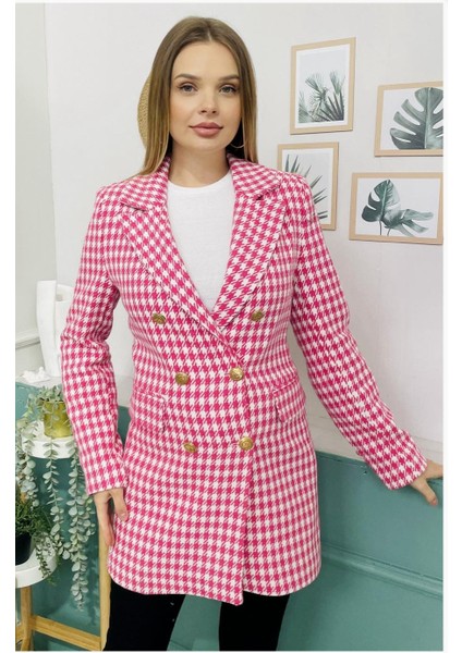 Susee Moda Pembe Ekose Gold Düğmeli Blazer Ceket