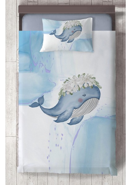Bebek ve Çocuk Odası Mavi Balina Desenli Yatak Örtüsü
