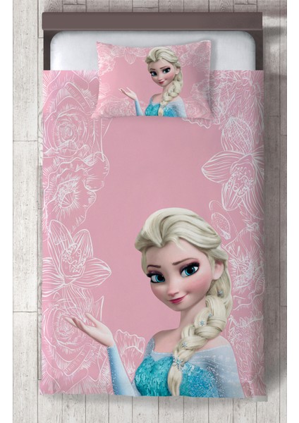Bebek ve Çocuk Odası Motifli Elsa Desenli Pembe Yatak Örtüsü