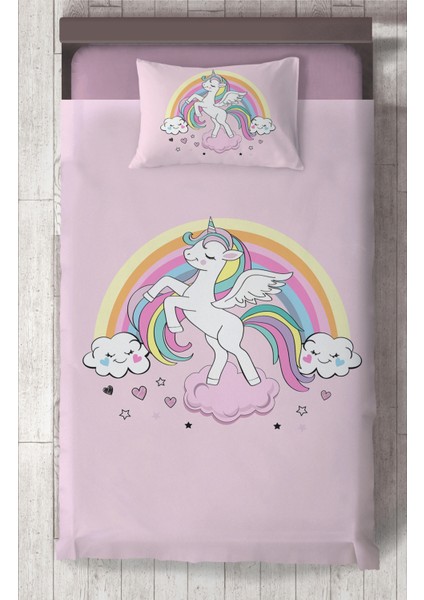 Bebek ve Çocuk Odası Gökuşağı ve Unicorn Desenli Pembe Yatak Örtüsü