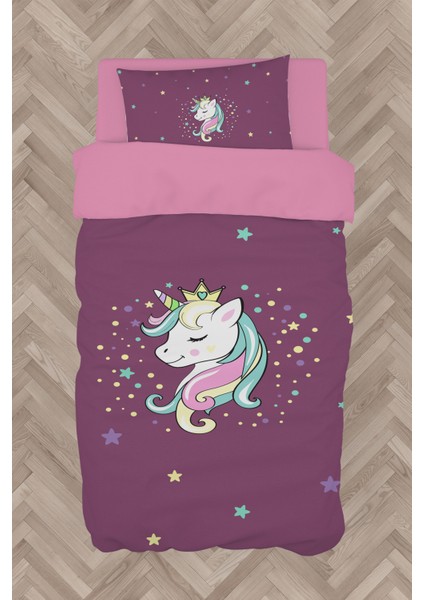 Bebek ve Çocuk Odası Renkli Unicorn Desenli Mor Nevresim Takımı