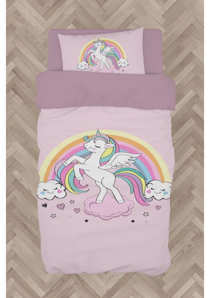 Bebek ve Çocuk Odası Gökuşağı ve Unicorn Desenli Pembe Nevresim Takımı
