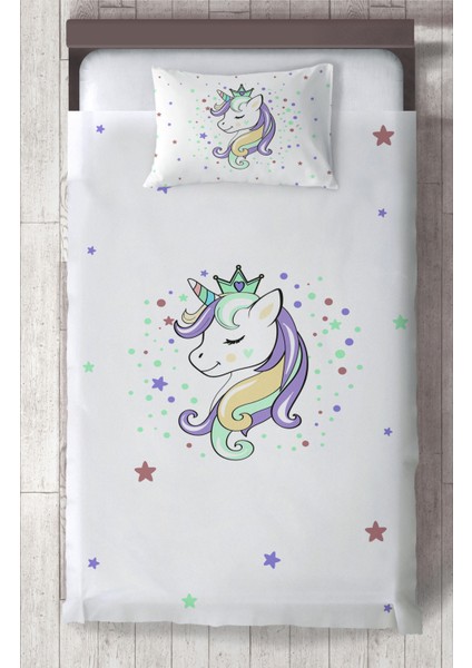Bebek ve Çocuk Odası Renkli Unicorn Desenli Beyaz Yatak Örtüsü