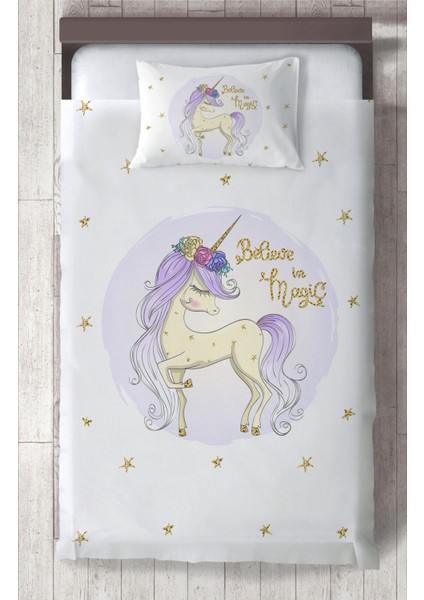 Bebek ve Çocuk Odası Yıldızlı Mavi Unicorn Desenli Yatak Örtüsü