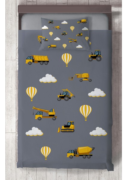 Bebek ve Çocuk Odası Iş Makinası ve Seksek Desenli Gri Yatak Örtüsü