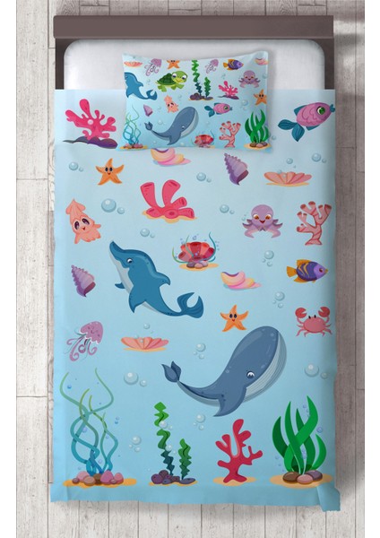 Bebek ve Çocuk Odası Sevimli Deniz Hayvanları Desenli Yatak Örtüsü
