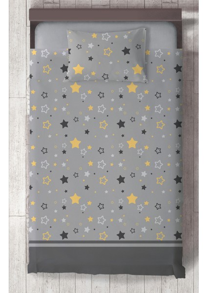 Bebek ve Çocuk Odası Gri Sarı Yıldız Desenli Yatak Örtüsü