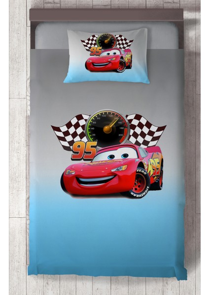 Bebek ve Çocuk Odası Gri Mavi Mcqueen Desenli Yatak Örtüsü