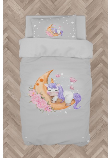 Bebek ve Çocuk Odası Aya Sarılan Unicorn Desenli Gri Nevresim Takımı