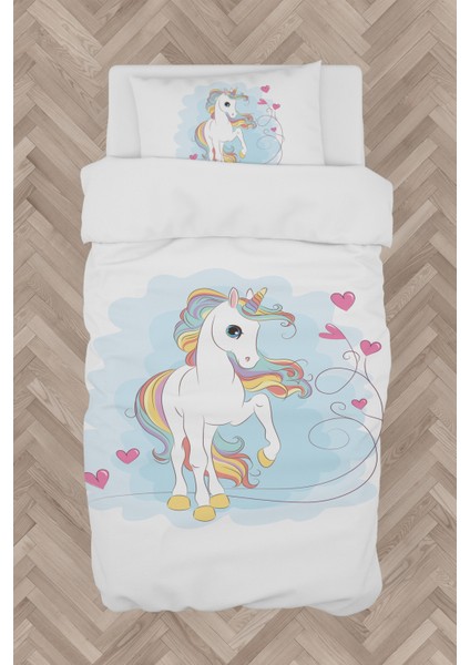 Bebek ve Çocuk Odası Kalpli Unicorn Desenli Nevresim Takımı