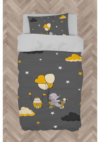 Bebek ve Çocuk Odası Sarı Bulutlu ve Bisikletli Fil Desenli Nevresim Takımı