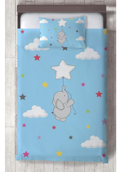 Bebek ve Çocuk Odası Seksekli Uçan Fil Desenli Mavi Yatak Örtüsü
