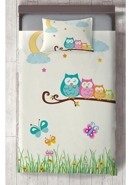 Bebek ve Çocuk Odası Küçük Baykuşlar ve Çimen Desenli Yatak Örtüsü