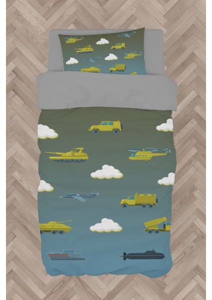 Bebek ve Çocuk Odası Askeri Araç ve Seksek Desenli Nevresim Takımı