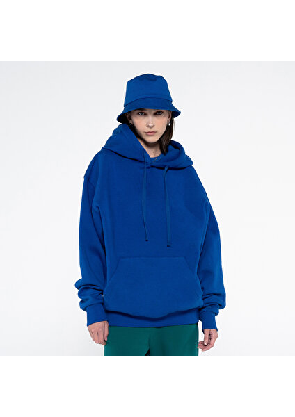 Friday Offset Agar Kadın Saks Mavisi Kanguru Cepli Kapüşonlu Oversize Hoodie Sweatshirt