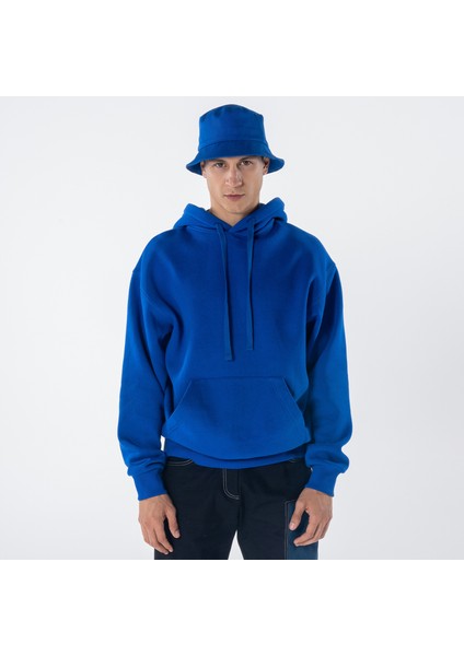 Friday Offset Agar Erkek Saks Mavisi Kanguru Cepli Kapüşonlu Oversize Hoodie Sweatshirt