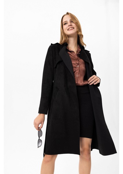 Kadın Kuşak Detaylı Süet Kaban