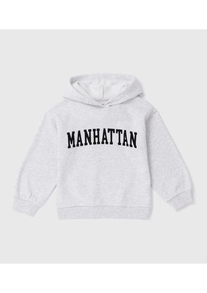 Kız Çocuk Gri Marl Manhattan Oversize Kapüşonlu Üst