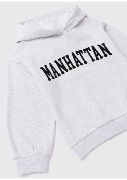 Kız Çocuk Gri Marl Manhattan Oversize Kapüşonlu Üst