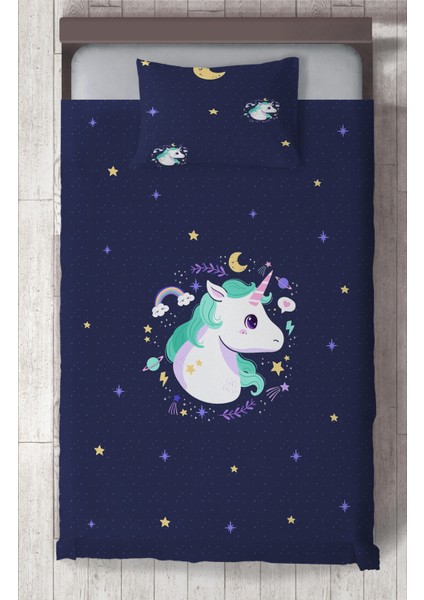 Bebek ve Çocuk Odası Lacivert Unicorn Desenli Yatak Örtüsü
