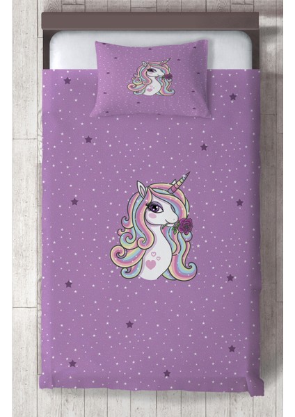 Bebek ve Çocuk Odası Mor Unicorn Desenli Yatak Örtüsü