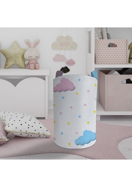 Bebek ve Çocuk Odası Pembe Mavi Bulut Desenli Oyuncak Sepeti